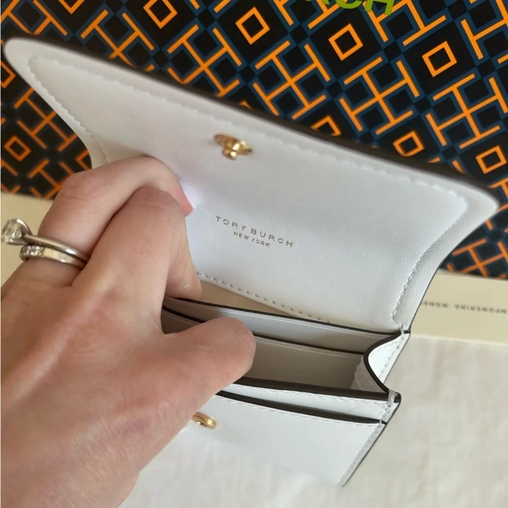 Tory Burch Emerson Soft Colorblock Flap Card Case Wallet Optic White Moose